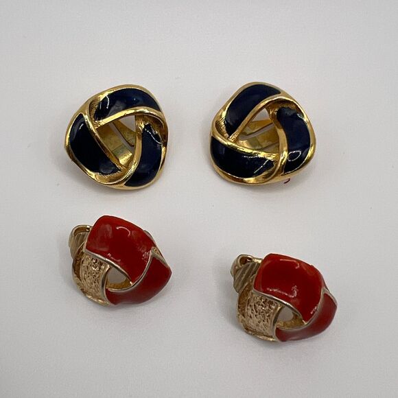 Set of Knot Clip Earrings Enamel Red Navy Gold Preppy Career Vintage - Picture 1 of 9